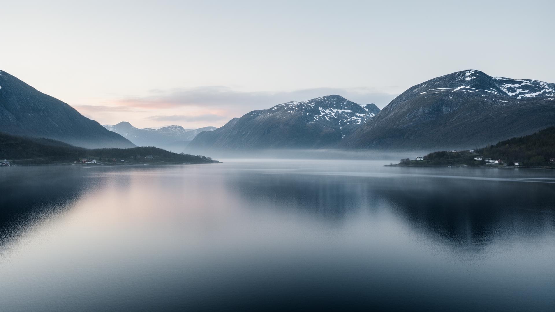 Misty Nordic fjord at dawn